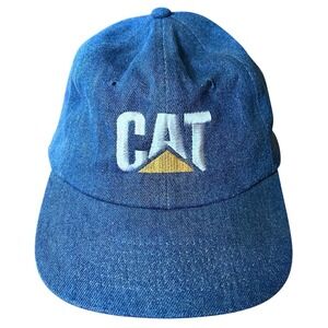 Vintage Caterpillar CAT Logo Blue Denim Strap back Hat USA  Patch Trucker